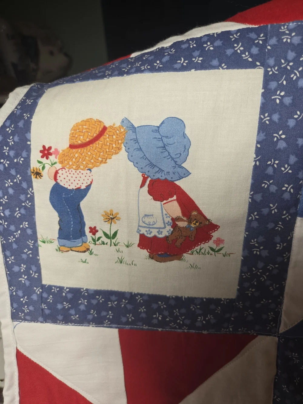Handcrafted Cotton Patchwork Baby Quilt in Red, Blue & White